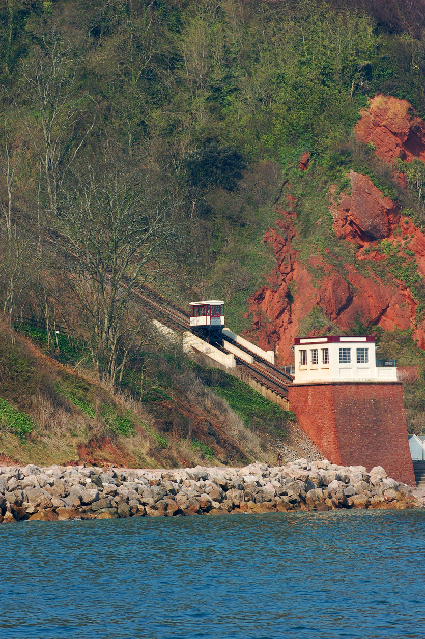 A view of the traditional Beach Lift at Babbombe Bay in Devon which has been in service since 1926 and takes passenger down to the waters edge at Oddicombe Beach.